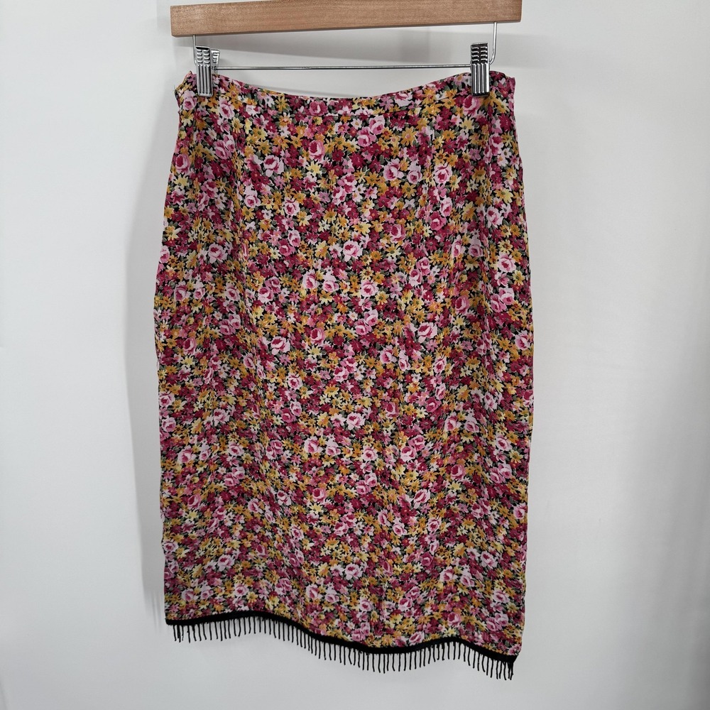 Harold's Skirt Womens 8 Black Pink Floral Bead Fringe Hem Rayon Vintage Feminine